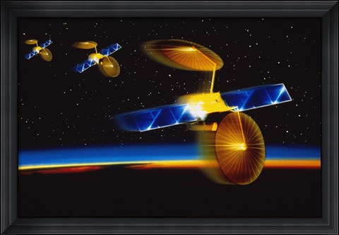 Framed Illustration of Satellites over Earth's Horizon Print