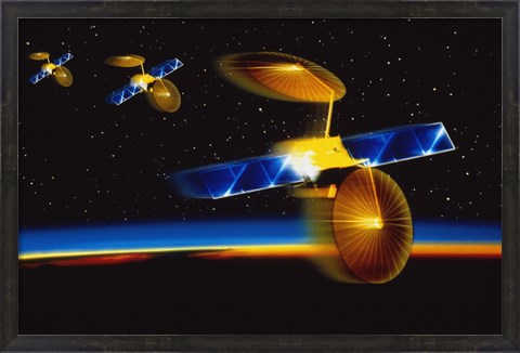 Framed Illustration of Satellites over Earth&#39;s Horizon Print