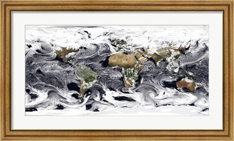 Framed Cylindrical Equidistant Projection of Visualization Showing Clouds Across the World Print