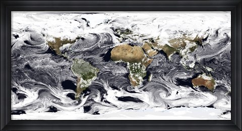 Framed Cylindrical Equidistant Projection of Visualization Showing Clouds Across the World Print