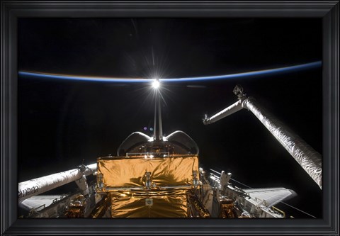 Framed Space Shuttle Atlantis&#39; Payload Bay Backdropped by a Blue and White Earth Print