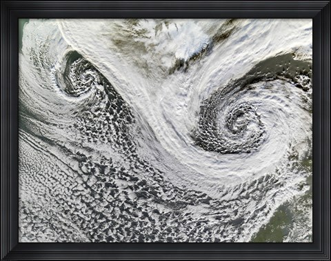 Framed Two Cyclones Formed in Tandem south of Iceland  Scotland Appears in the Lower right Print