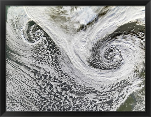 Framed Two Cyclones Formed in Tandem south of Iceland  Scotland Appears in the Lower right Print