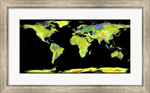 Framed Digital Elevation Model of the Continents on Earth Print