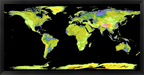 Framed Digital Elevation Model of the Continents on Earth Print