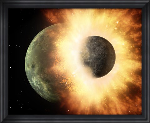 Framed Artist's Concept of a Celestial Body Colliding into a Planet Sized Body Print