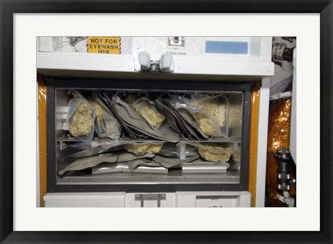 Framed Bags of Food Stored Inside the Galley on Space Shuttle Endeavour Print