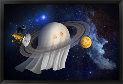 Framed Artist&#39;s Halloween Illustration of Cassini and Saturn Print