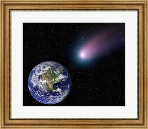 Framed Digital Composite of a Comet Heading Towards Earth Print