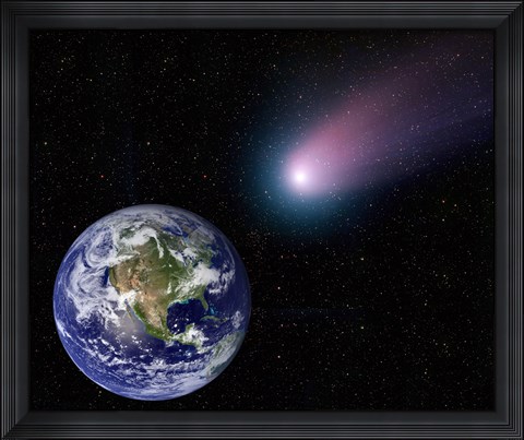 Framed Digital Composite of a Comet Heading Towards Earth Print