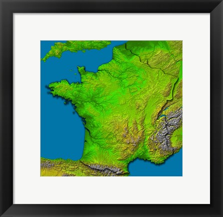 Framed Topographic Image of France Showing Shaded Relief and Colored Height Print