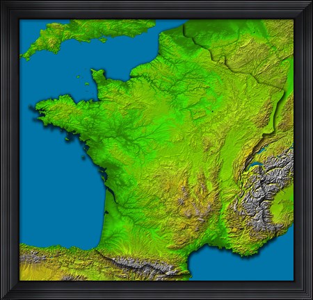 Framed Topographic Image of France Showing Shaded Relief and Colored Height Print
