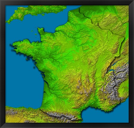 Framed Topographic Image of France Showing Shaded Relief and Colored Height Print