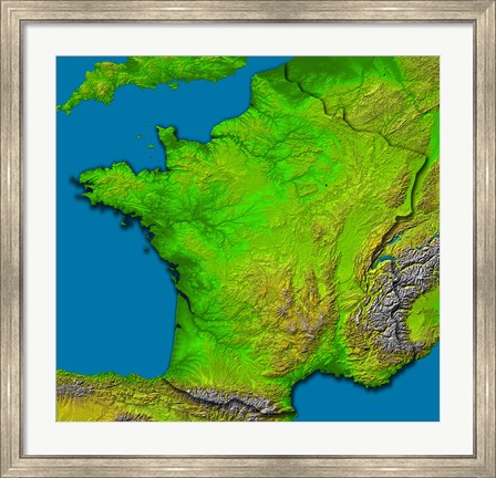 Framed Topographic Image of France Showing Shaded Relief and Colored Height Print