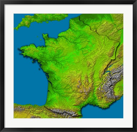 Framed Topographic Image of France Showing Shaded Relief and Colored Height Print