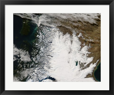 Framed Ash Plume from Chaiten Volcano and Snow in Southern Chile and Argentina Print