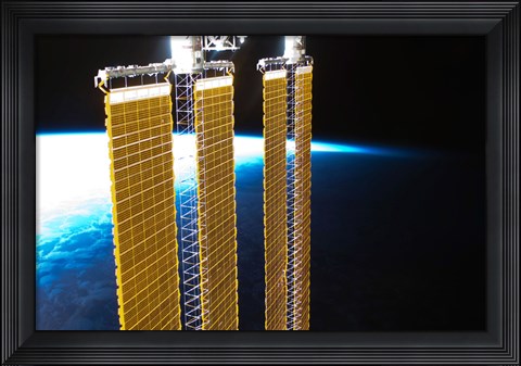 Framed Partial View of International Space Station Solar Panels and Earth&#39;s Horizon Print