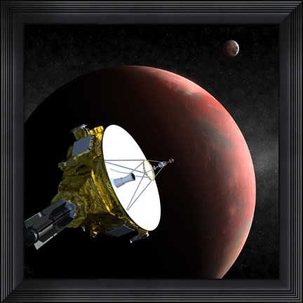Framed Artist&#39;s Concept of the New Horizons Spacecraft as it Approaches Pluto and its Largest Moon, Charon Print
