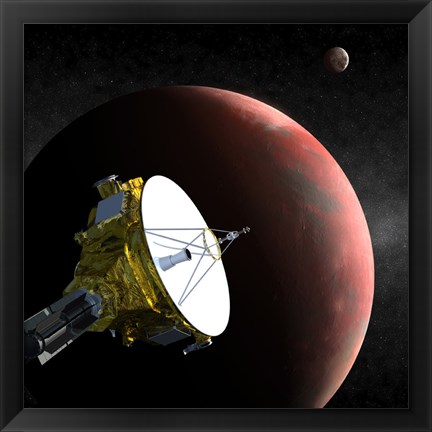 Framed Artist&#39;s Concept of the New Horizons Spacecraft as it Approaches Pluto and its Largest Moon, Charon Print