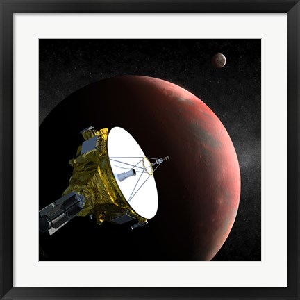 Framed Artist&#39;s Concept of the New Horizons Spacecraft as it Approaches Pluto and its Largest Moon, Charon Print