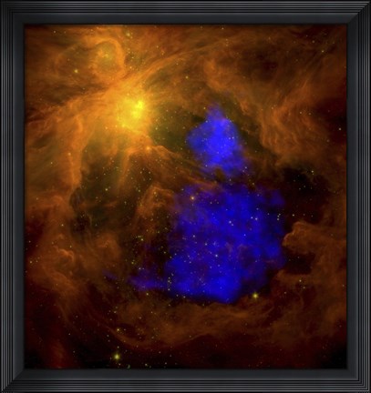 Framed Orion Nebula in the Infrared Overlaid with XMM-Newton X-Ray Data in Blue Print