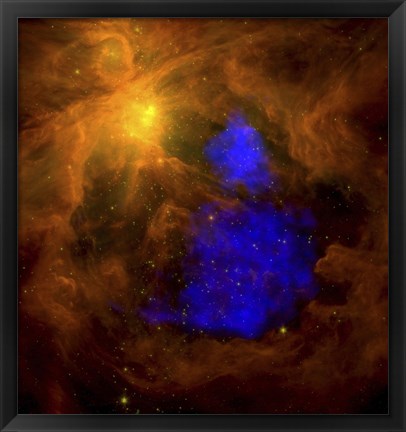 Framed Orion Nebula in the Infrared Overlaid with XMM-Newton X-Ray Data in Blue Print