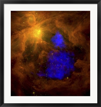 Framed Orion Nebula in the Infrared Overlaid with XMM-Newton X-Ray Data in Blue Print