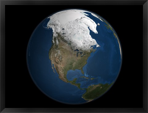 Framed Global view over North America with Arctic Sea Ice Print