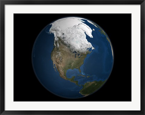 Framed Global view over North America with Arctic Sea Ice Print