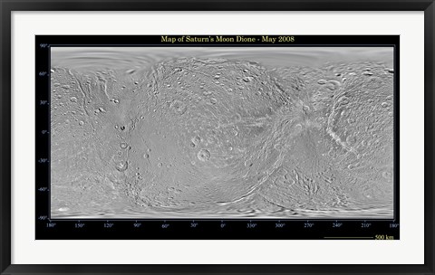 Framed Global Map of Saturn&#39;s Moon Dione Print