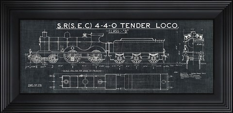 Framed Train Blueprint II Black Print