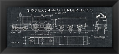 Framed Train Blueprint II Black Print