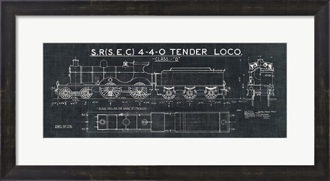 Framed Train Blueprint II Black Print