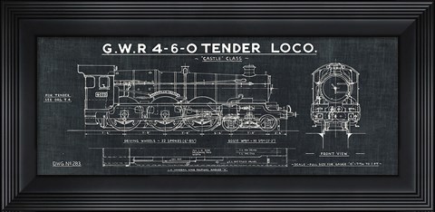 Framed Train Blueprint III Black Print