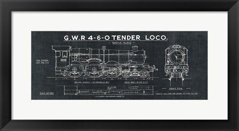 Framed Train Blueprint III Black Print