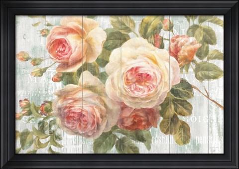 Framed Vintage Roses on Driftwood Print