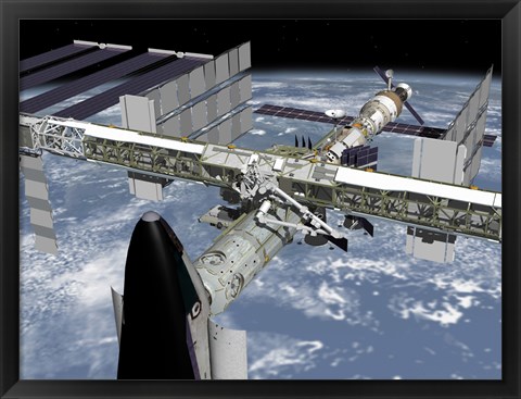 Framed Close up view of the Shuttle Docked to Node 2 of the International Space Station Print