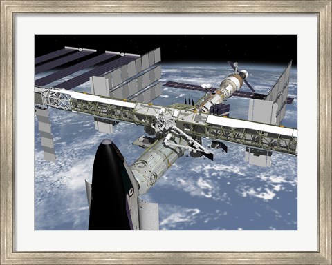 Framed Close up view of the Shuttle Docked to Node 2 of the International Space Station Print