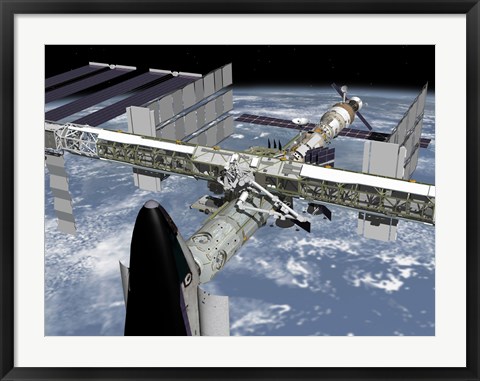 Framed Close up view of the Shuttle Docked to Node 2 of the International Space Station Print