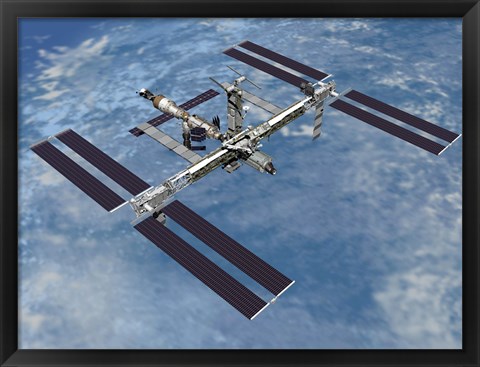 Framed Computer Generated view of the International Space Station against the Blue Sky Print