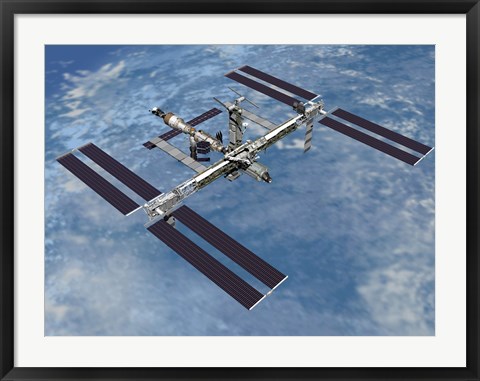 Framed Computer Generated view of the International Space Station against the Blue Sky Print