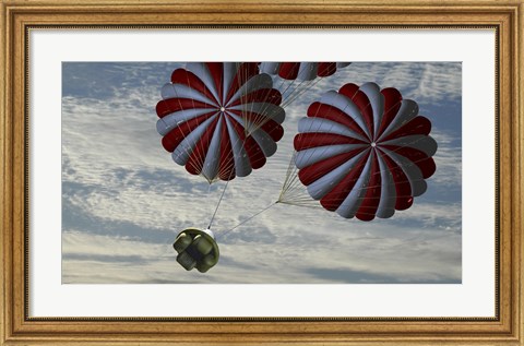 Framed Concept of the Second Stage Recovery Parachutes Opening as a Crew Exploration Vehicle Descends to Earth Print