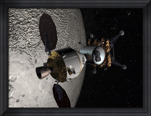 Framed Concept of the Orion crew Exploration Vehicle Docked to a Lunar Lander in Lunar Orbit Print