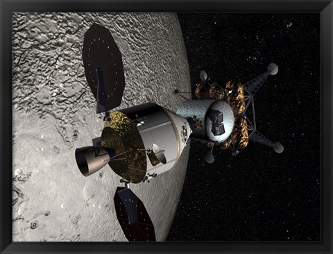 Framed Concept of the Orion crew Exploration Vehicle Docked to a Lunar Lander in Lunar Orbit Print