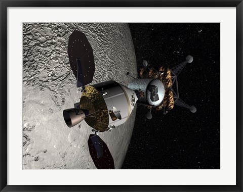 Framed Concept of the Orion crew Exploration Vehicle Docked to a Lunar Lander in Lunar Orbit Print