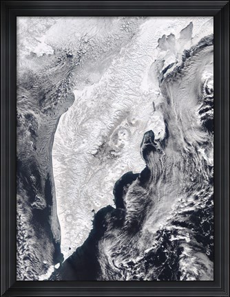 Framed Satellite view of Kamchatka Peninsula, Eastern Russia Print