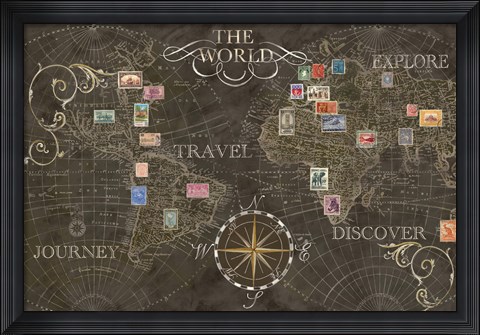 Framed Old World Journey Stamps Black Print