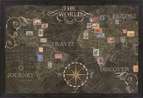 Framed Old World Journey Stamps Black Print