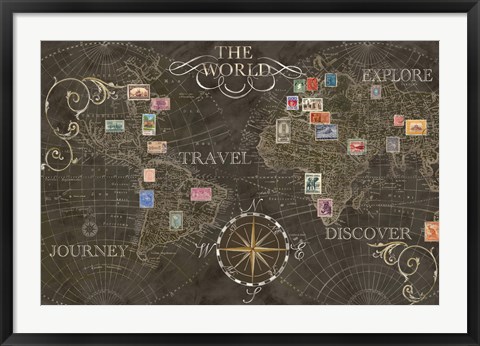 Framed Old World Journey Stamps Black Print