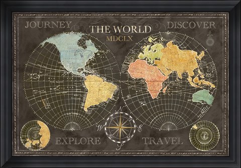 Framed Old World Journey Map Black Print